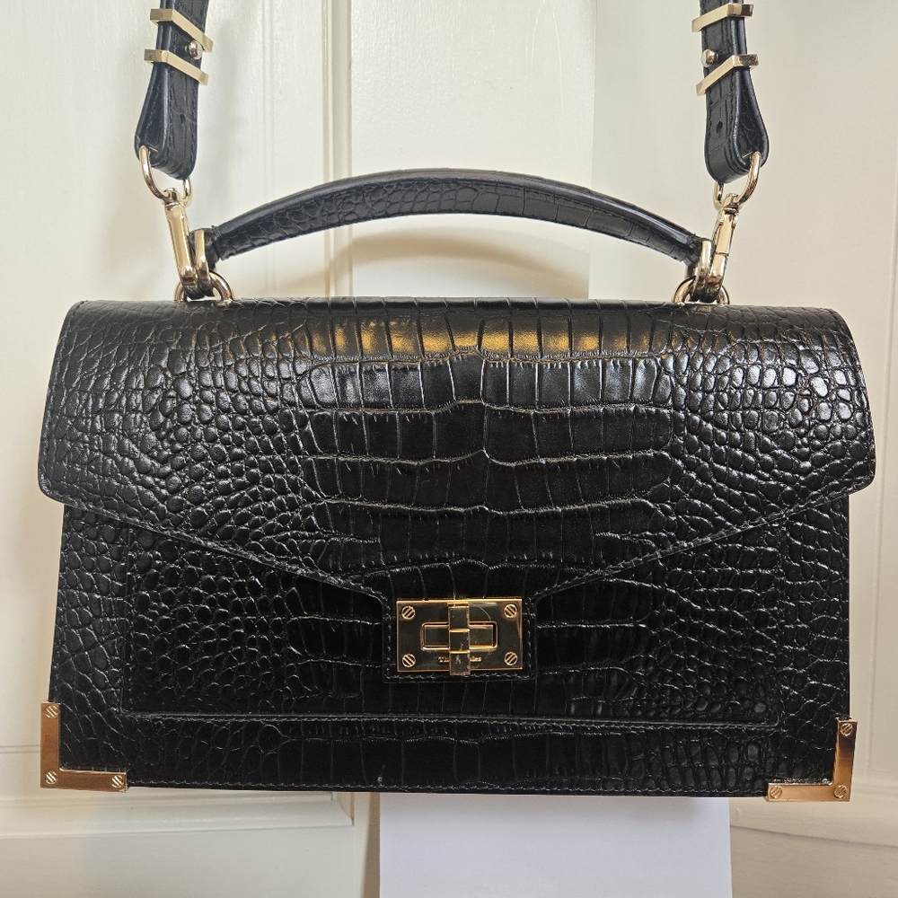 The Kooples Black Croc Embossed Leather Emily Bag in Medium